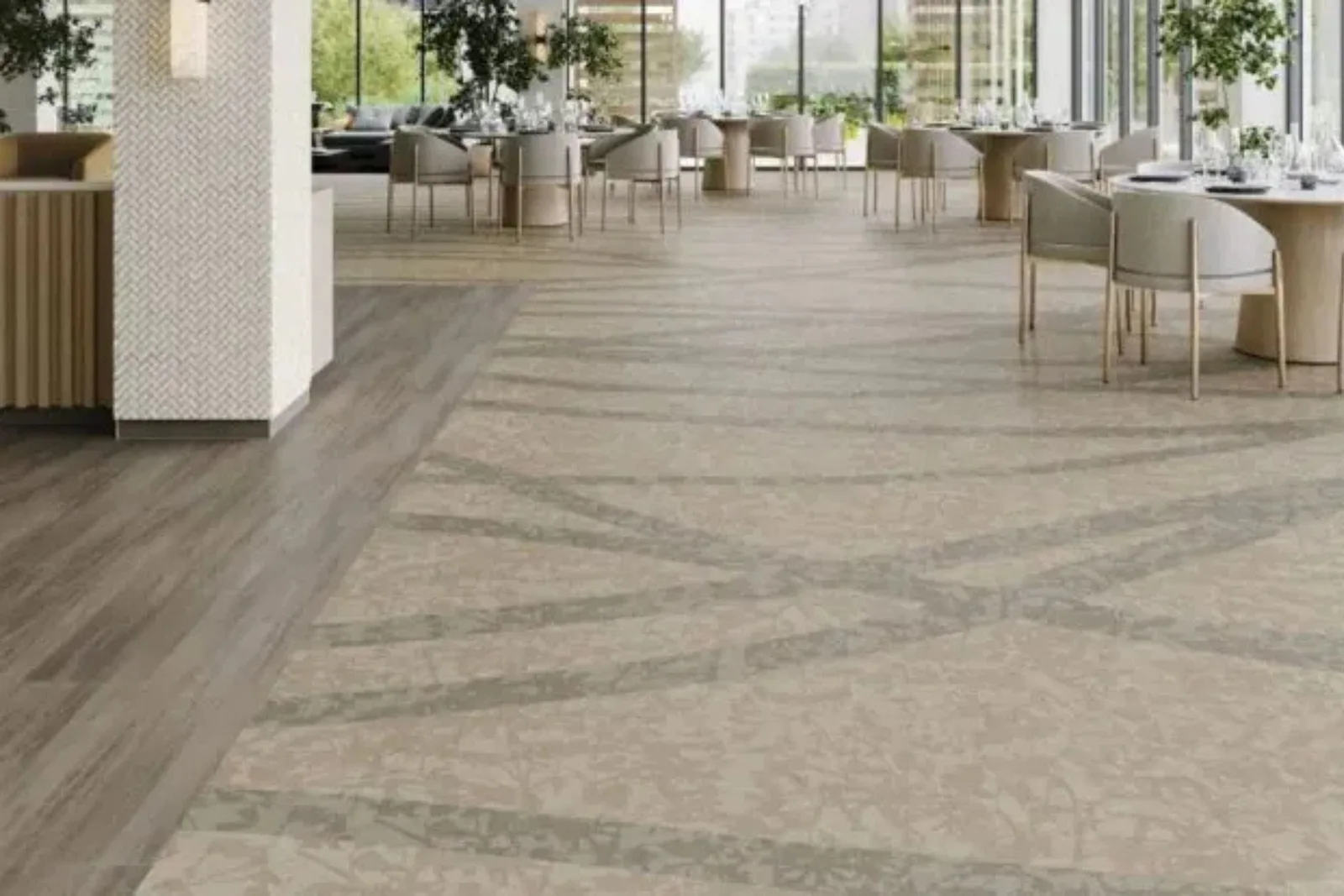 Modern commercial restaurant with durable patterned luxury vinyl flooring, providing a stylish and long-lasting flooring solution.