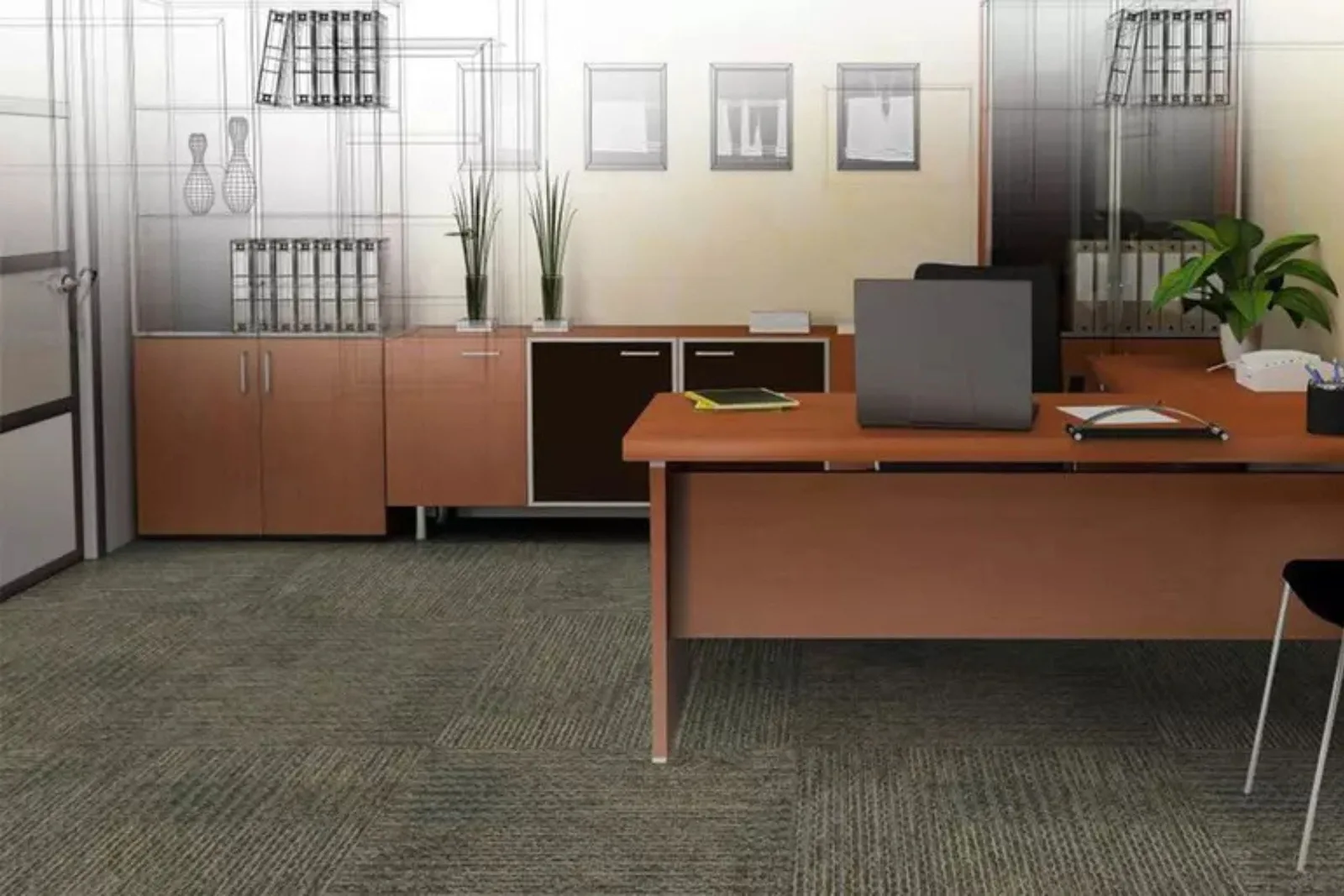 Modern office with a durable gray and brown patterned commercial carpet, an ideal and long-lasting flooring solution for a business environment.