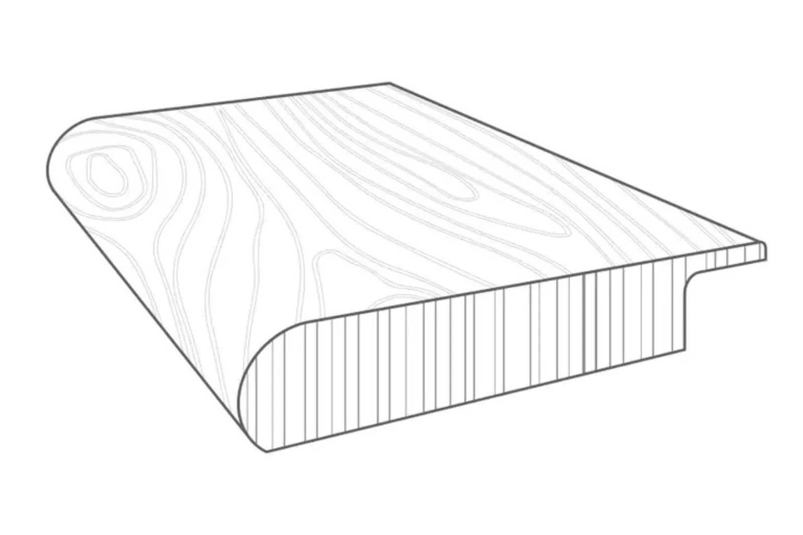 Diagram of a durable vinyl stair nose transition piece with a wood grain texture, a professional and protective flooring accessory.