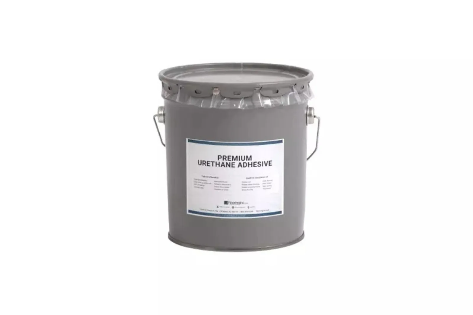 A large gray metal bucket of premium urethane adhesive, a professional-grade and high-performance flooring installation product.