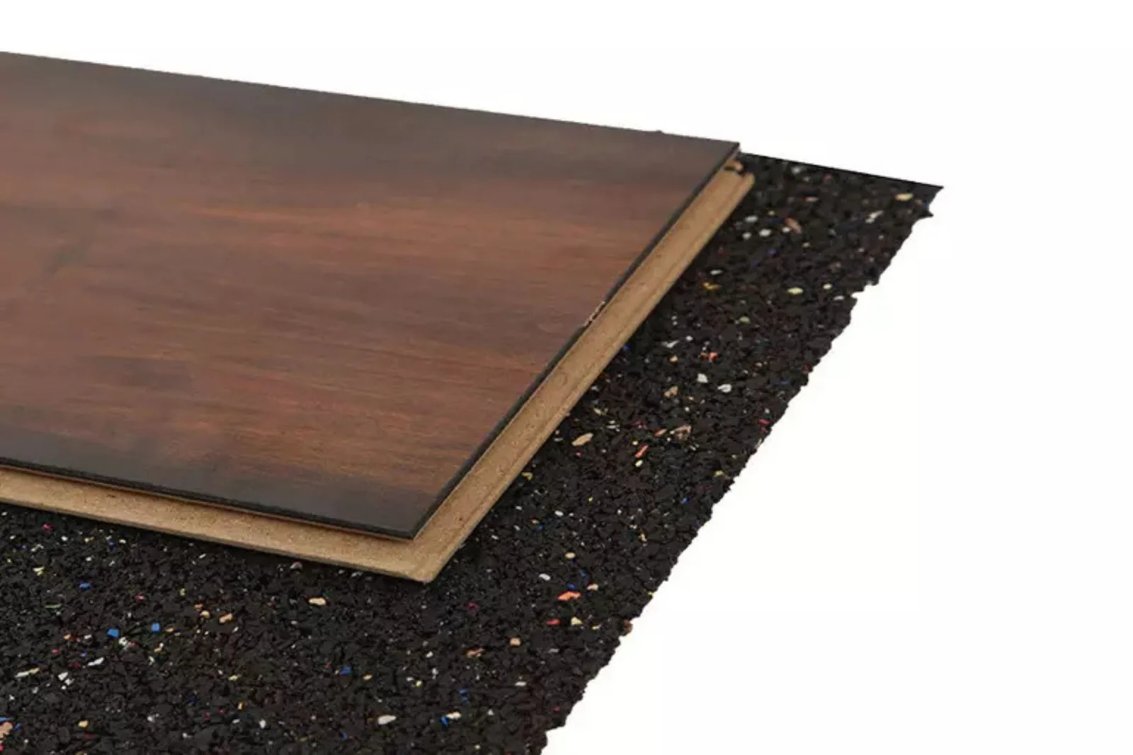 Close-up of waterproof engineered hardwood flooring with an attached rubber underlayment, providing a durable and comfortable flooring solution.