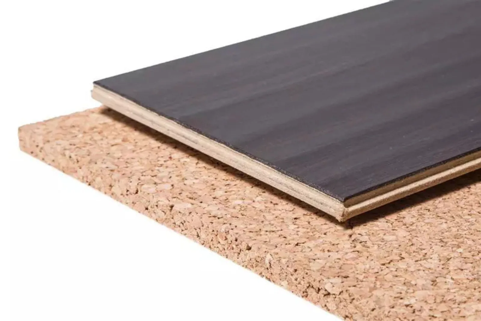 Close-up of waterproof engineered hardwood flooring with an attached cork underlayment, providing a durable and sound-absorbing flooring solution.