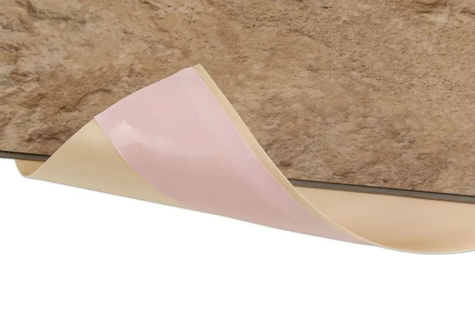 Close-up of a durable peel-and-stick vinyl tile being lifted to show the strong adhesive backing, a simple and effective flooring solution for DIY installation.
