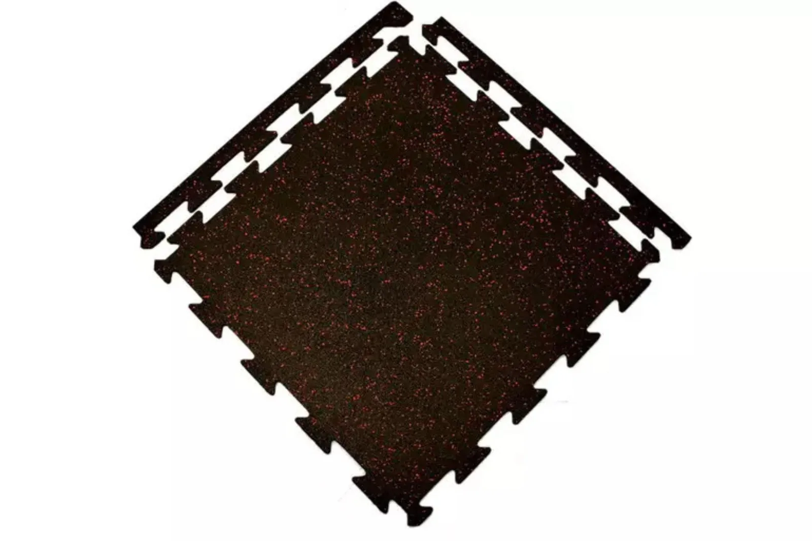 A single black interlocking rubber floor tile with red speckles, shown on a white background. This close-up view highlights the precise jigsaw edges, making it easy to create a seamless DIY gym floor installation.