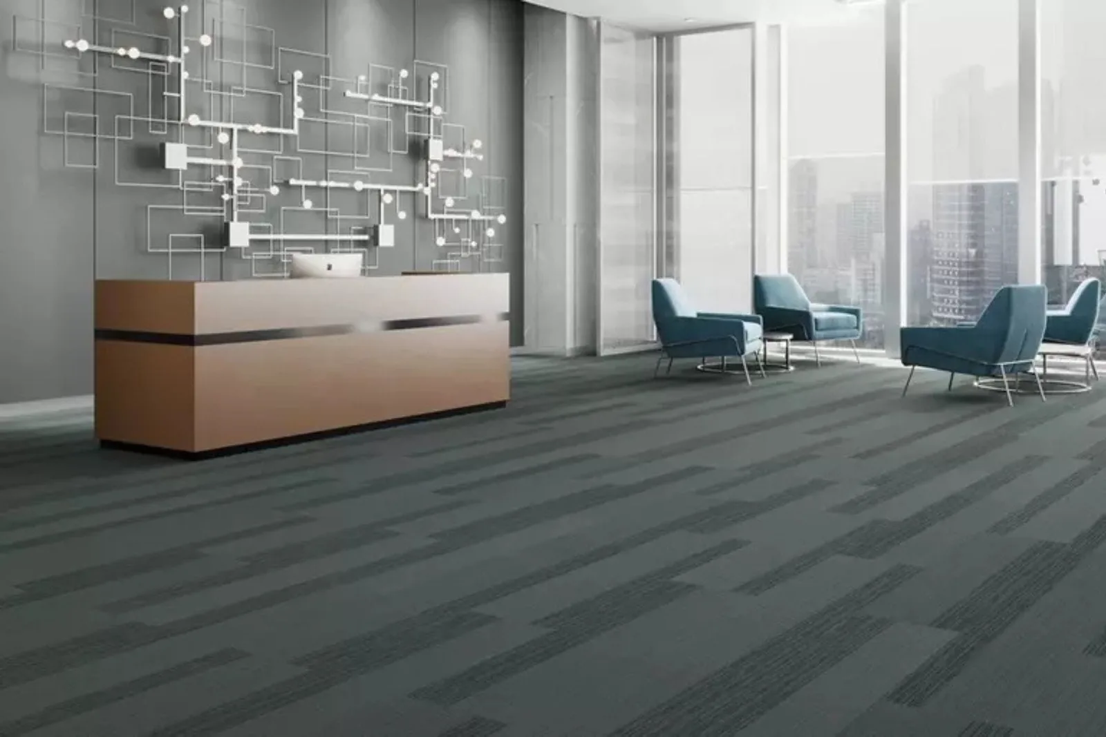 Modern office lobby with a durable gray linear patterned commercial carpet, an ideal high-traffic flooring solution.