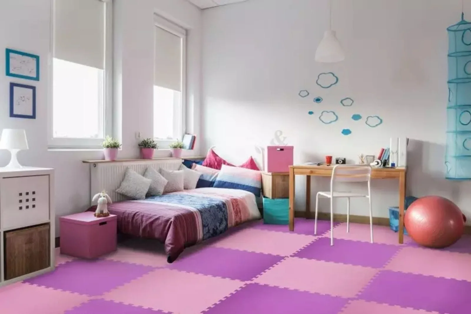 Soft Foam Floor Tiles for Bedrooms Soft foam floor tiles in a girl's bedroom, creating a checkered pattern of pink and purple interlocking mats that provide a comfortable and safe play area.
