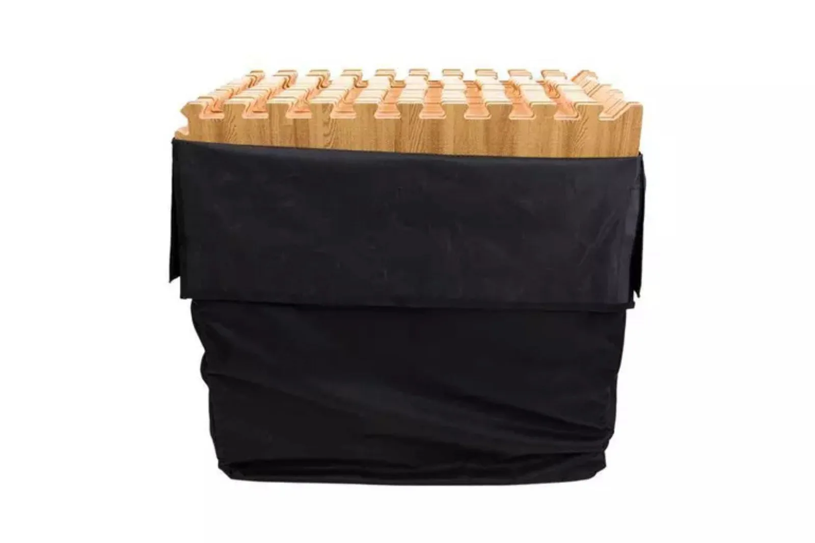 Portable wood grain foam floor tiles for a trade show booth kit, shown stacked in a black carrying case for easy transportation.