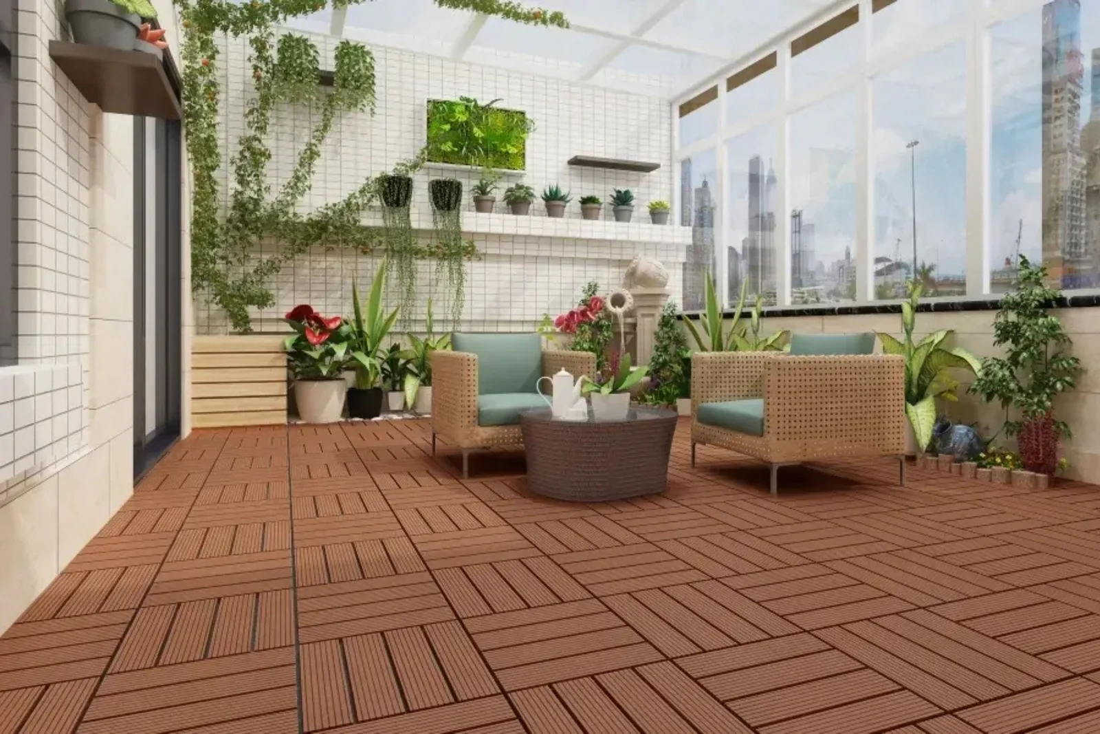 Interlocking composite deck tiles in a patio with wicker furniture, creating a professional and low-maintenance outdoor flooring solution for a balcony or sunroom.