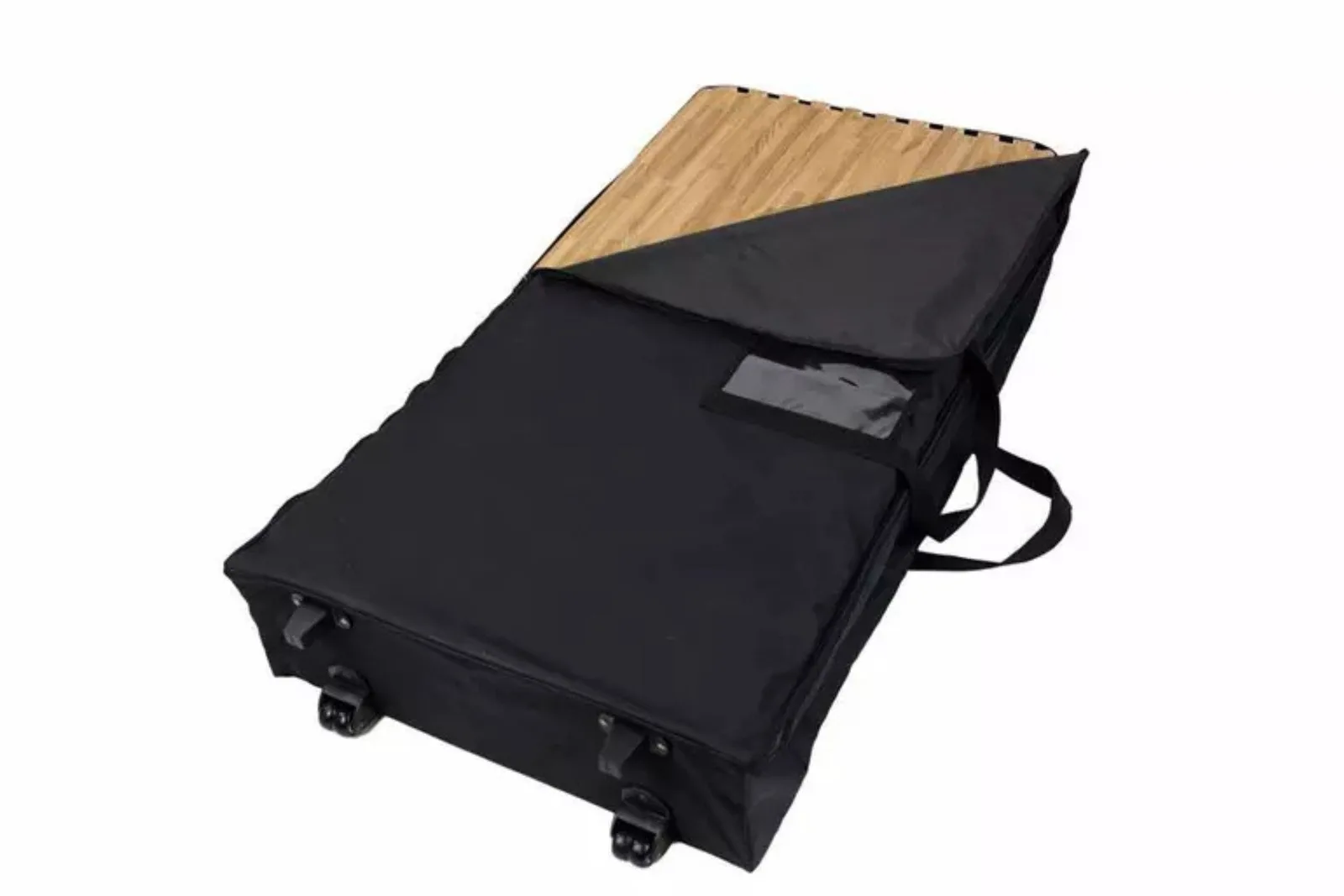 Portable wood grain foam floor tiles for a trade show booth kit, shown in a black rolling travel case with wheels for effortless transport and setup.