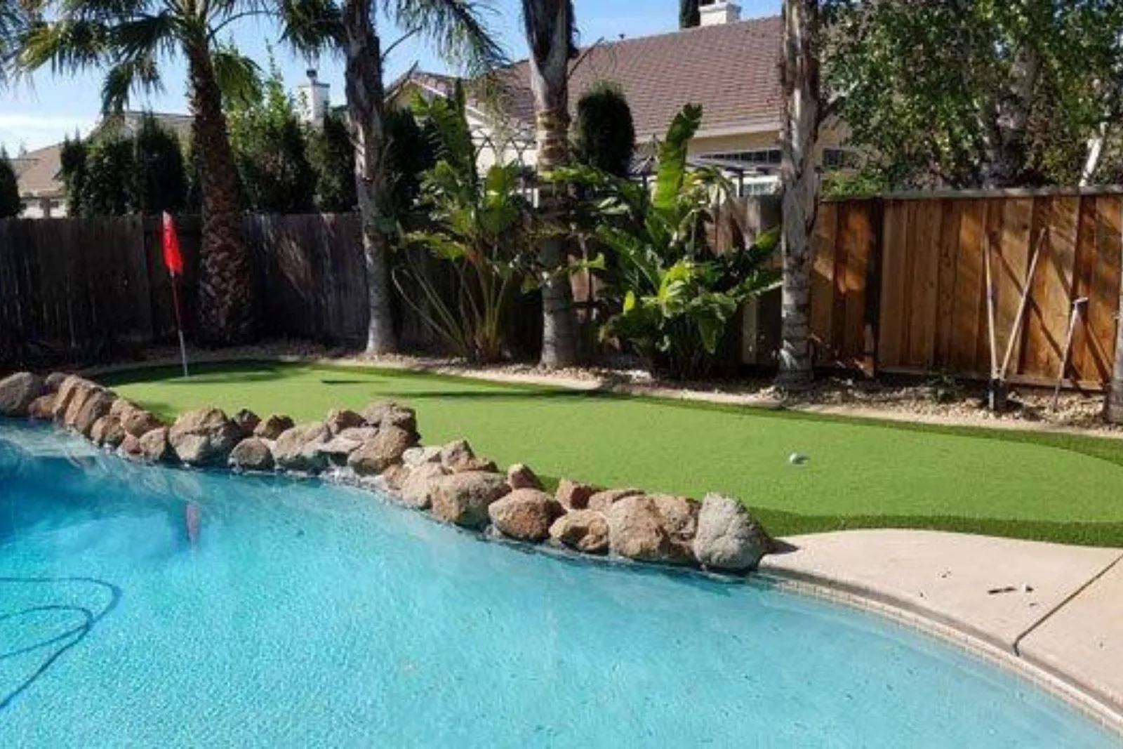 Putting green turf provides a low-maintenance and professional-looking surface for a backyard golf green, with a small ball visible near the edge of a swimming pool.