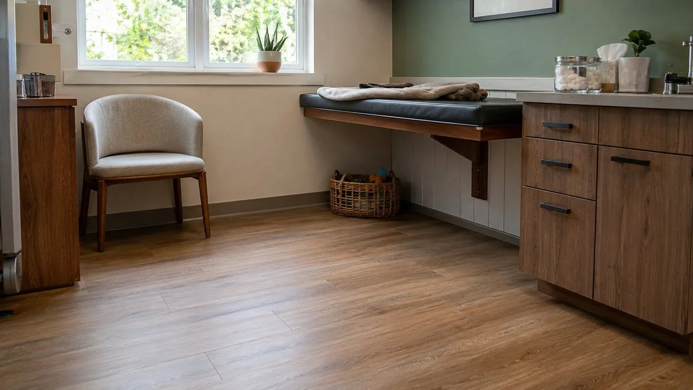 Veterinary clinic exam room with commercial luxury vinyl plank flooring in a wood-look pattern