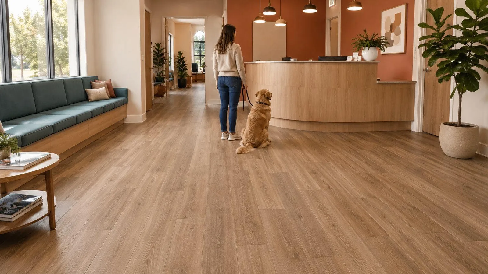 Wood-look rigid core vinyl plank flooring in a veterinary clinic lobby and reception area, with a check-in desk, bench seating, and a client waiting with a dog on a leash.