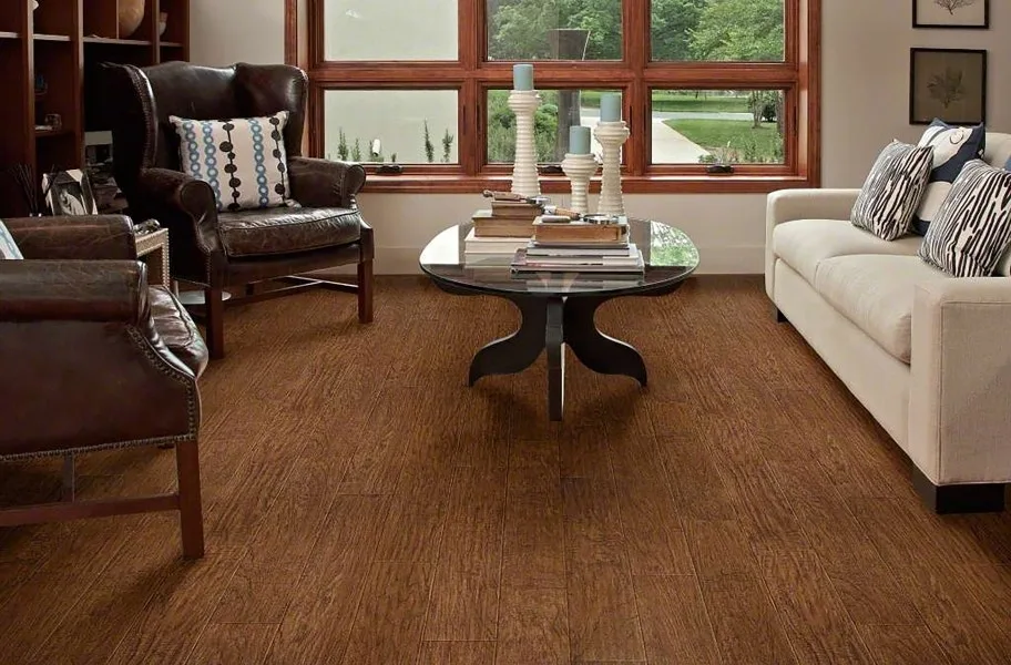 FlooringInc Vinyl Sheet Buying Guide: wood-look sheet vinyl in a living room