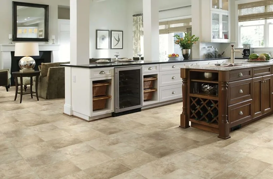 FlooringInc Vinyl Sheet Buying Guide: stone-look vinyl roll flooring in a ktichen