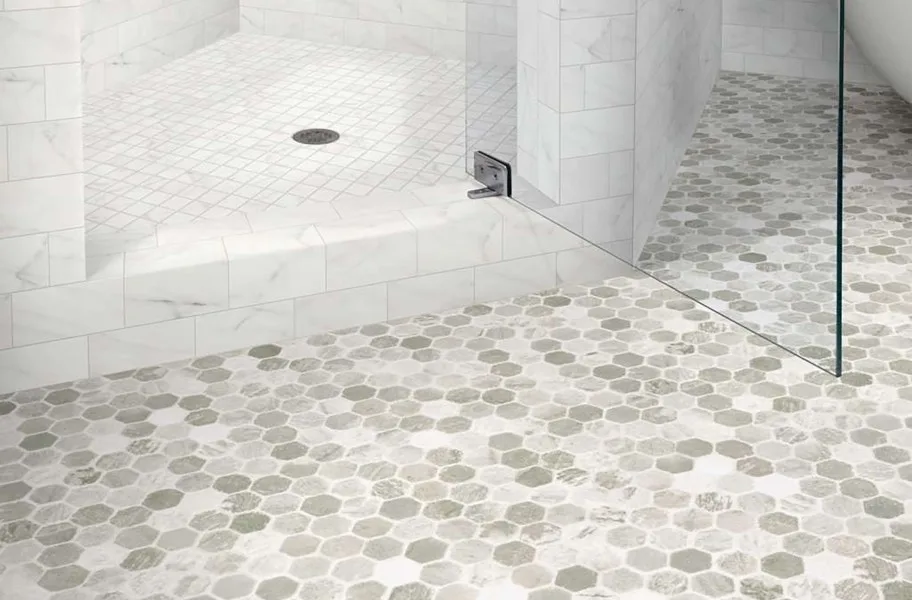 FlooringInc Vinyl Sheet Buying Guide: vinyl roll on a bathroom floor.