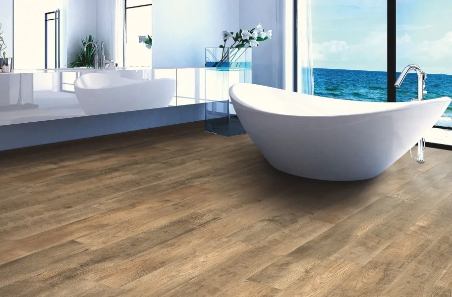 Wood look bathroom flooring: 12mm Mohawk Sawmill Ridge Waterproof Laminate