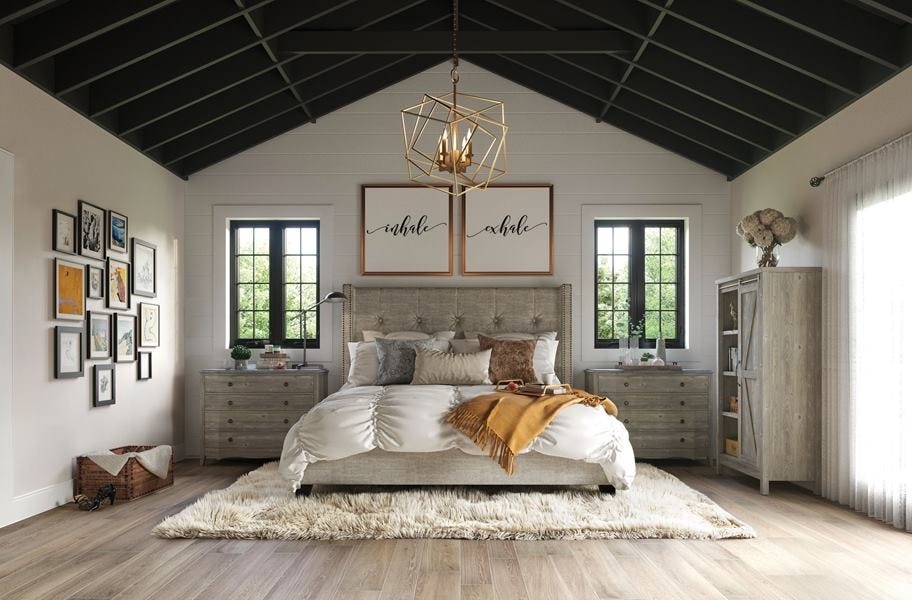 bedroom scene with porcelain tile and rug