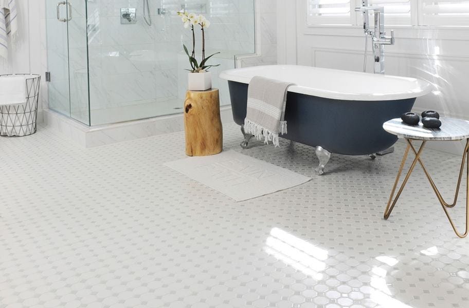 bathroom with white octogon tile