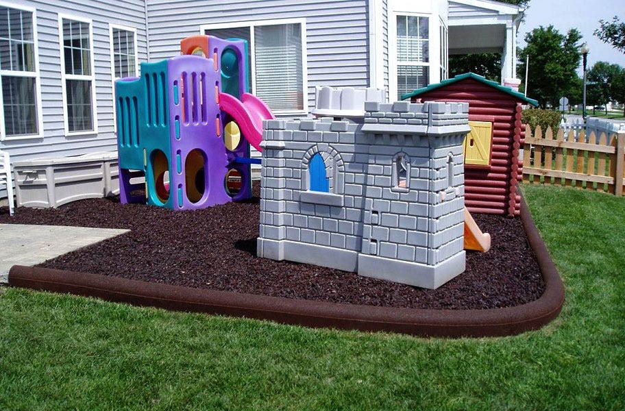 Rubebr Timbers used to contain rubber mulch in a backyard playground
