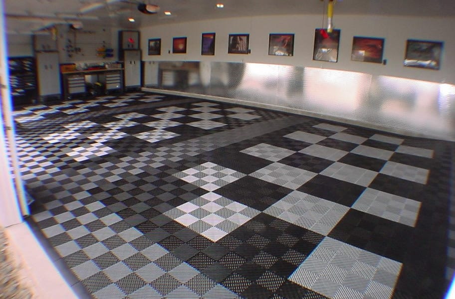 black and gray vented tiles in a garage setting