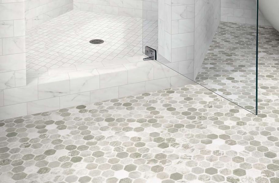 FlooringInc Vinyl Sheet Buying Guide: vinyl roll on a bathroom floor.