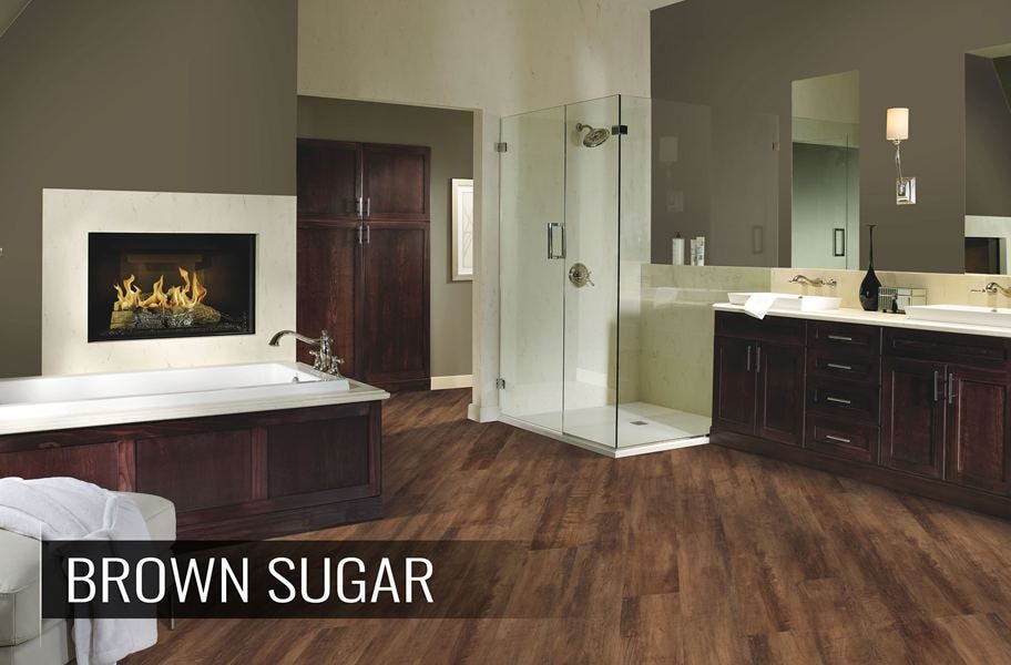 wood-look wpc vinyl planks in a bathroom setting