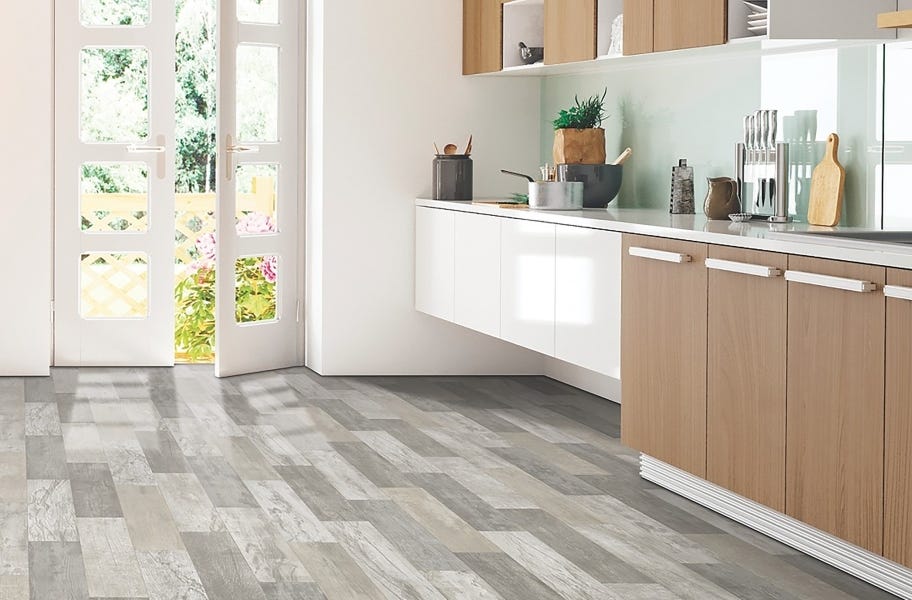 Mohawk Versatech 13' 2" Vinyl Sheet in varying gray wood shades for a natural look in the kitchen