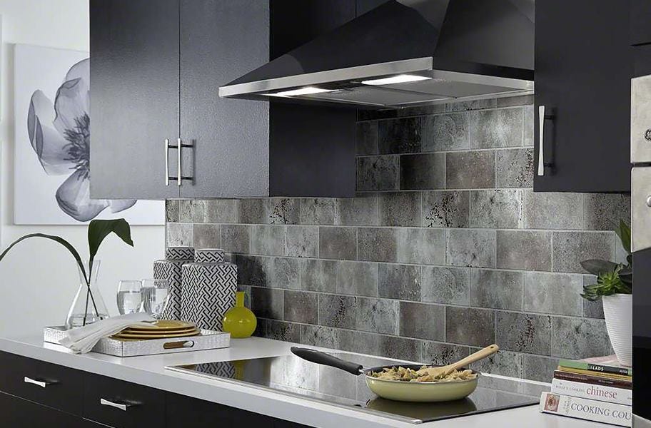 gray textured subway tile as kitchen backsplash