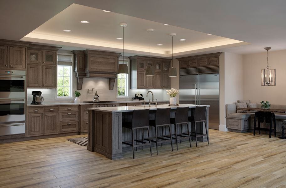 wood-look tile in modern kitchen with an island and cabinets