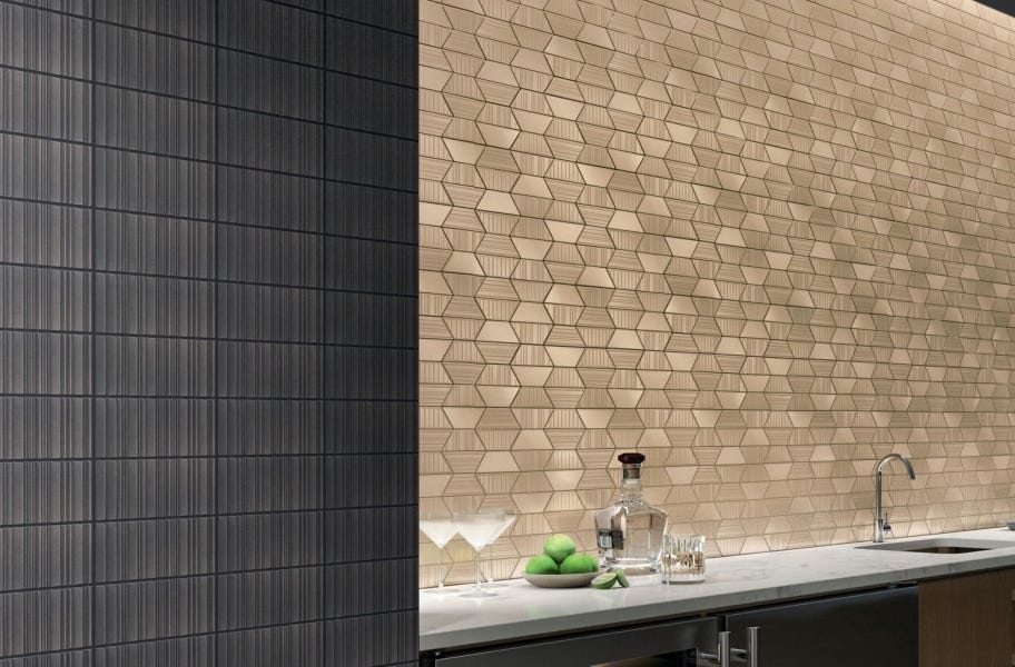 Metal-look wall tile in a kitchen backsplash