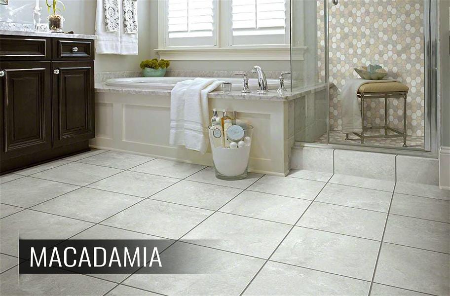 Groutable vinyl tiles in a bathroom