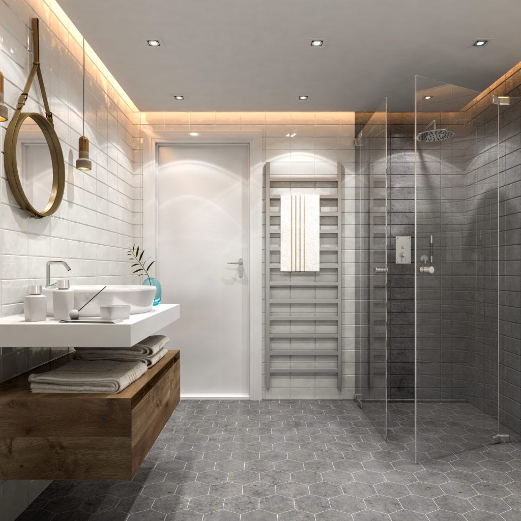 Modern bathroom with hexagon tile flooring
