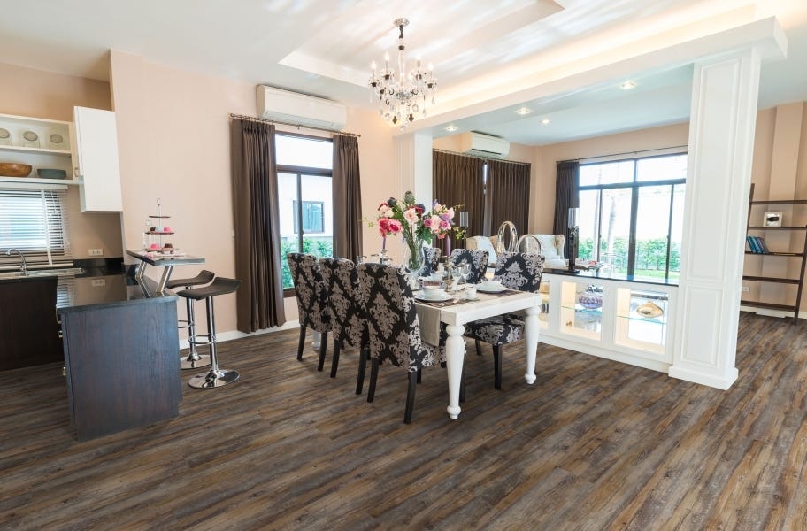 wirebrushed wood-look vinyl in a kitchen