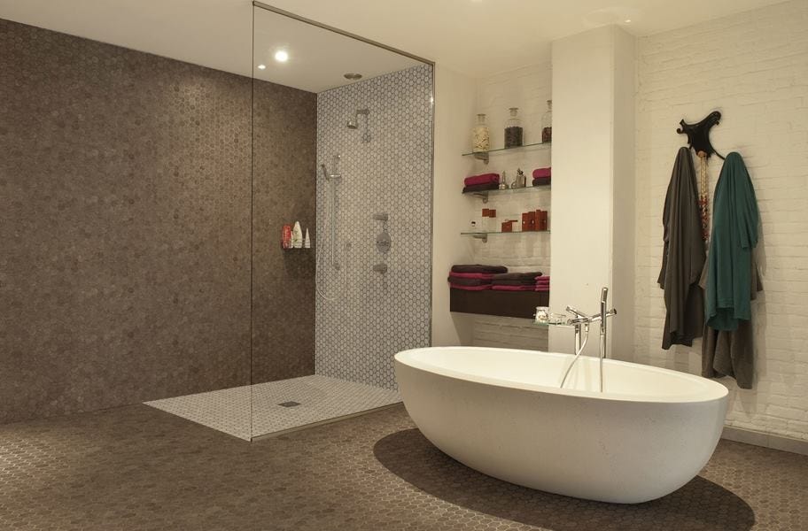 Hexagon backsplash in a bathroom setting