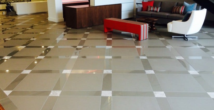 Box tile flooring pattern in a business setting