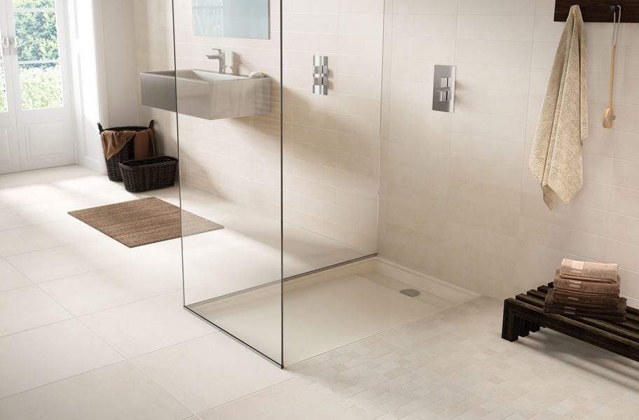 stone-look wall tile in a shower and bathroom setting