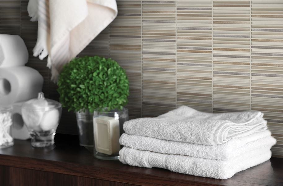 Tile pattern trends: glass backsplash tile in a bathroom setting
