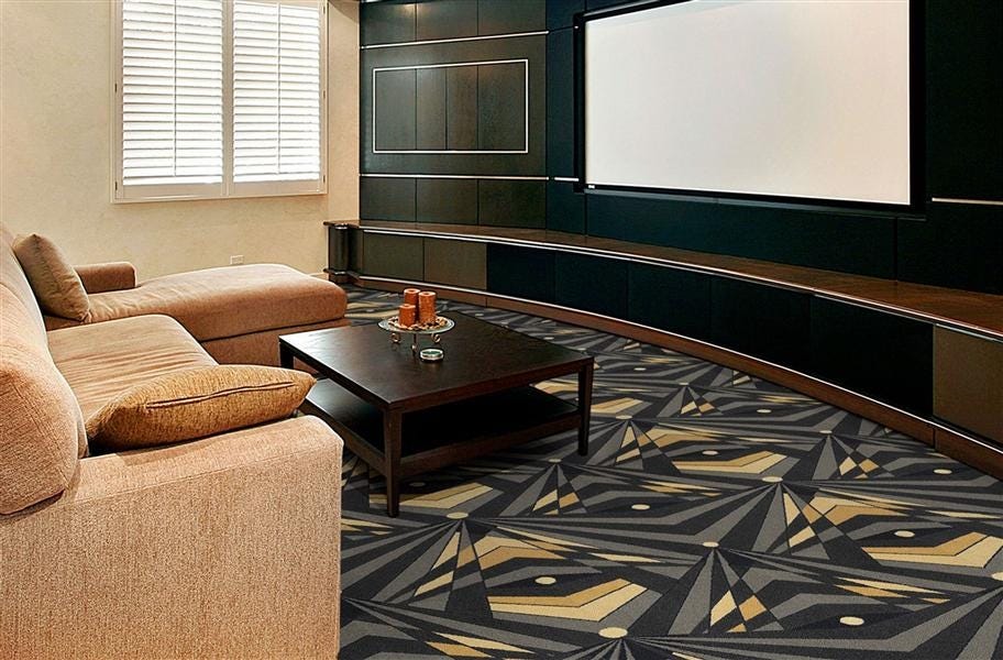 Art deco carpet pattern with a drop match in a home theater setting