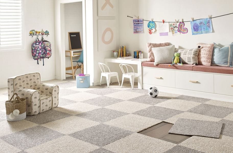 Temporary Flooring for Renters: Floorigami Midnight Snack peel and stick carpet tiles. 