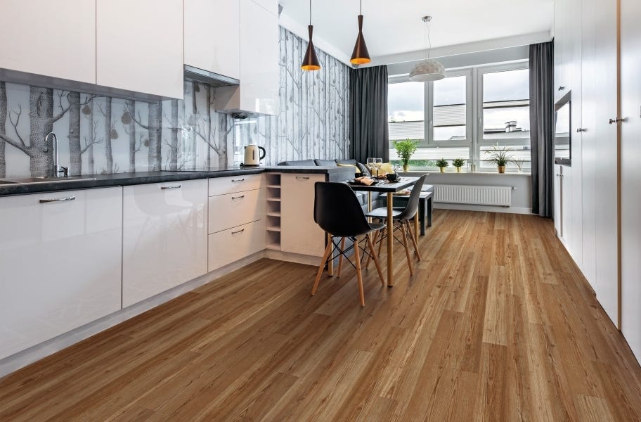 Accent Wall Ideas: rigid core vinyl flooring in a kitchen with wallpaper