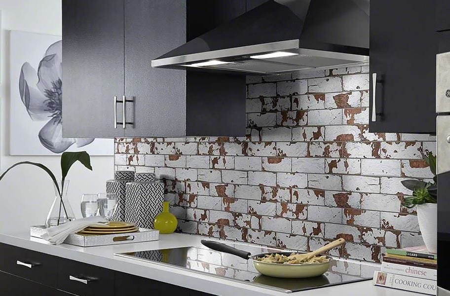 Accent Wall Ideas: brick-look tile accent wall backsplash in a kitchen