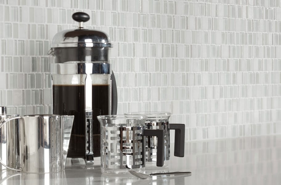 Neutral glass mosaic backsplash