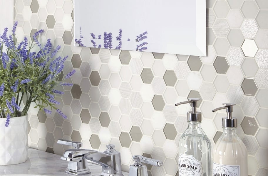 Hexagon mosaic tile backsplash