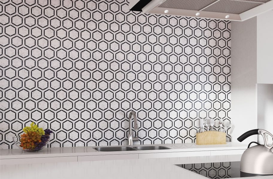 Limestone tile backsplash with modern hexagon desigh