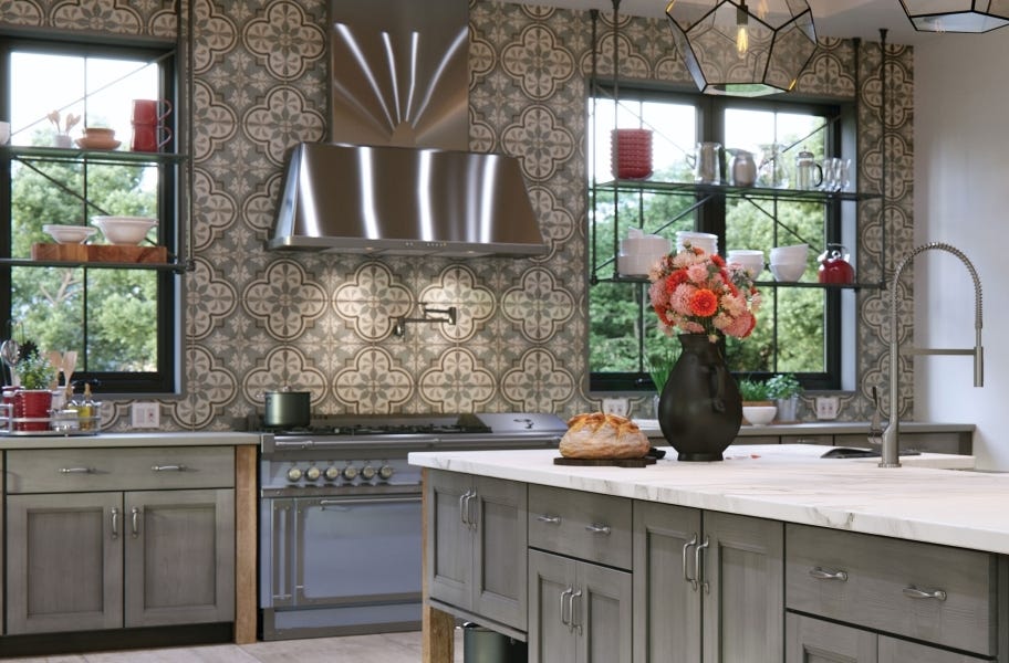 Tile backsplash trends: encaustic-look tile