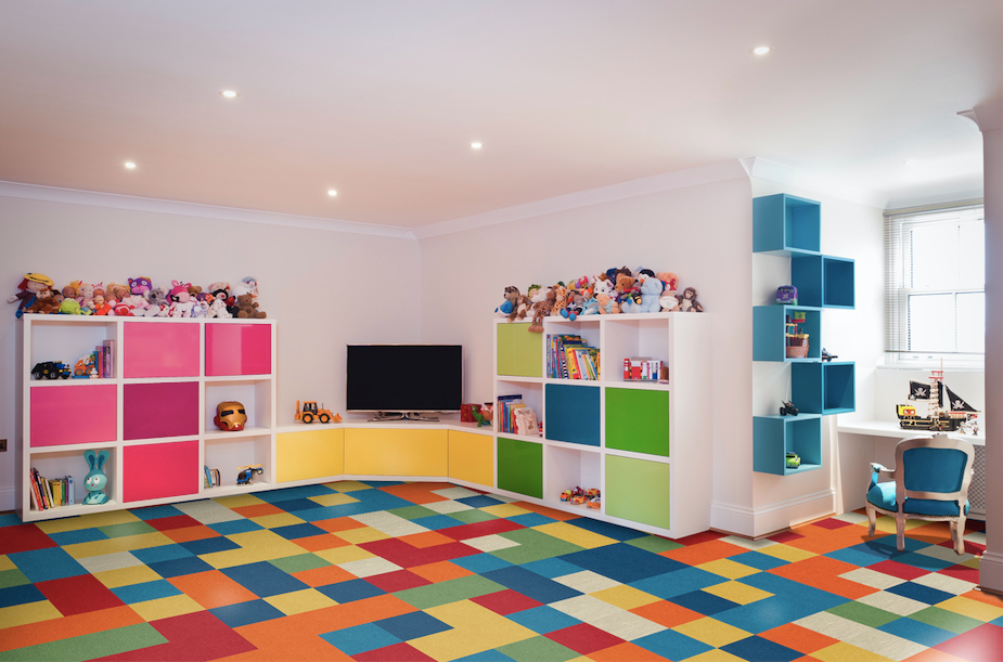 Color vinyl tile flooring in a study room