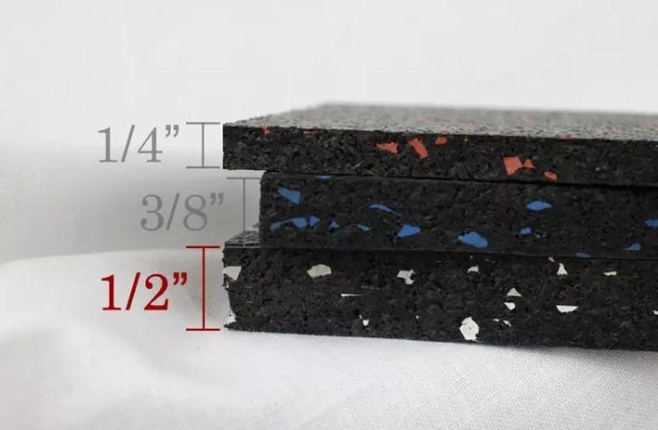 1/2" thick commercial grade rolled rubber gym flooring compared to 1/4" and 3/8" rolled rubber